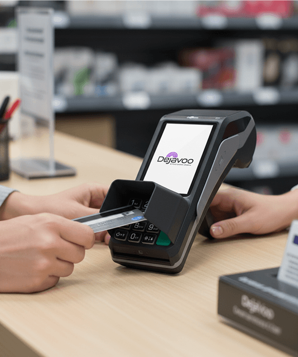 Contactless card payment being processed on a modern POS terminal.
